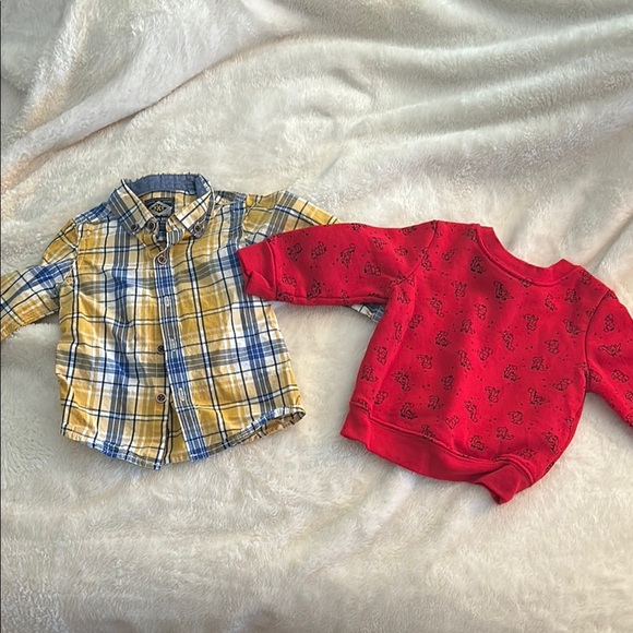 Other - 😍Yellow Plaid Button-Up Shirt and Red Sweatshirt Set size 12 months